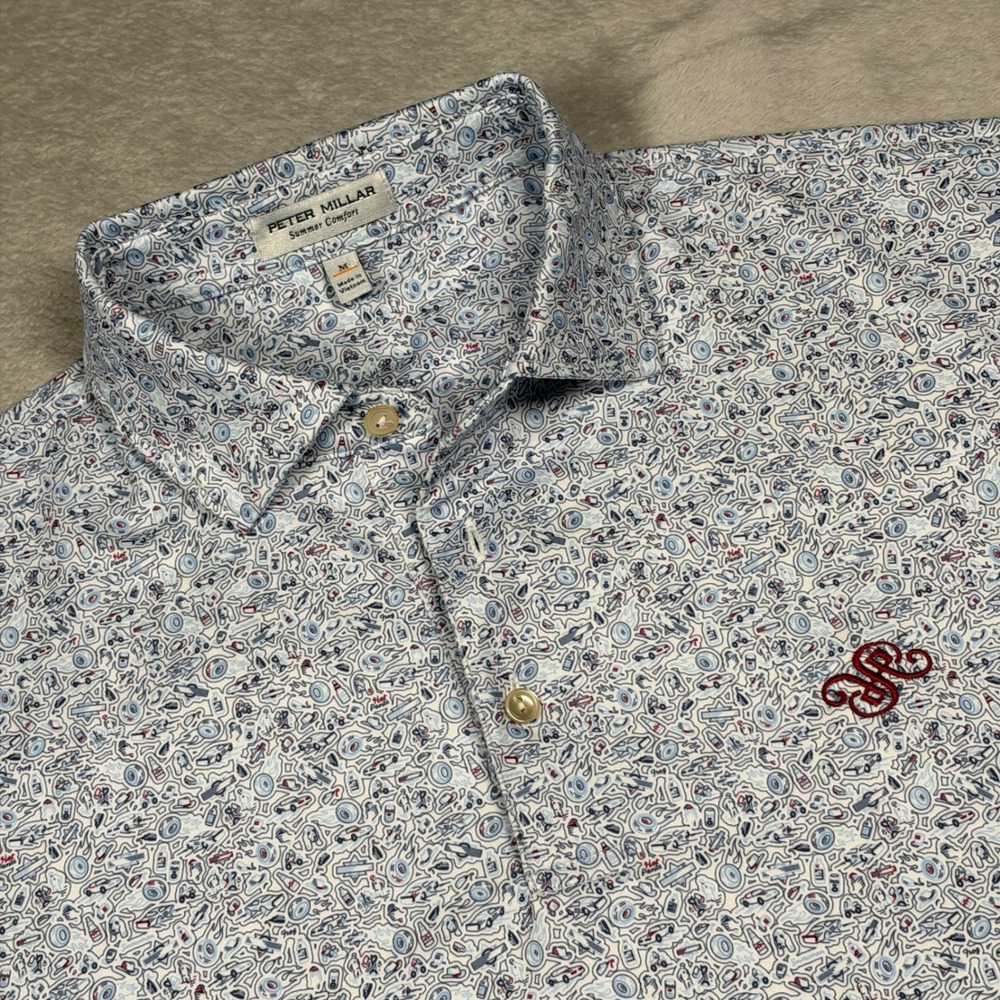 Peter Millar Polo Mens M White Blue Novelty Print Summer Comfort MF24EK27S Golf